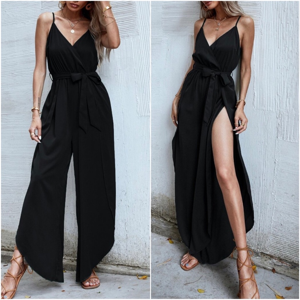 Boho Green Surplice Slit Thigh Cami Jumpsuit - Picture 2 of 7